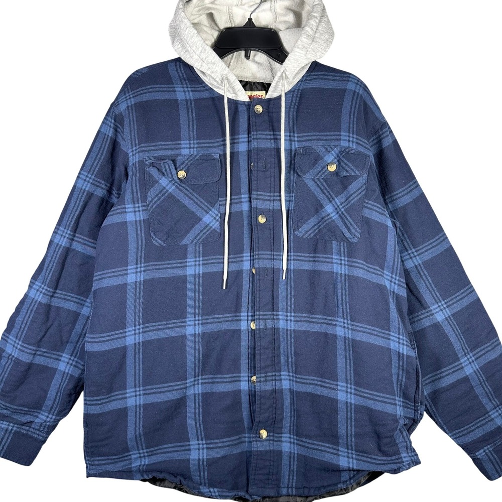 Wrangler Hooded Flannel Shirt Jacket Mens Large Blue Plaid Quilted Lined Utility